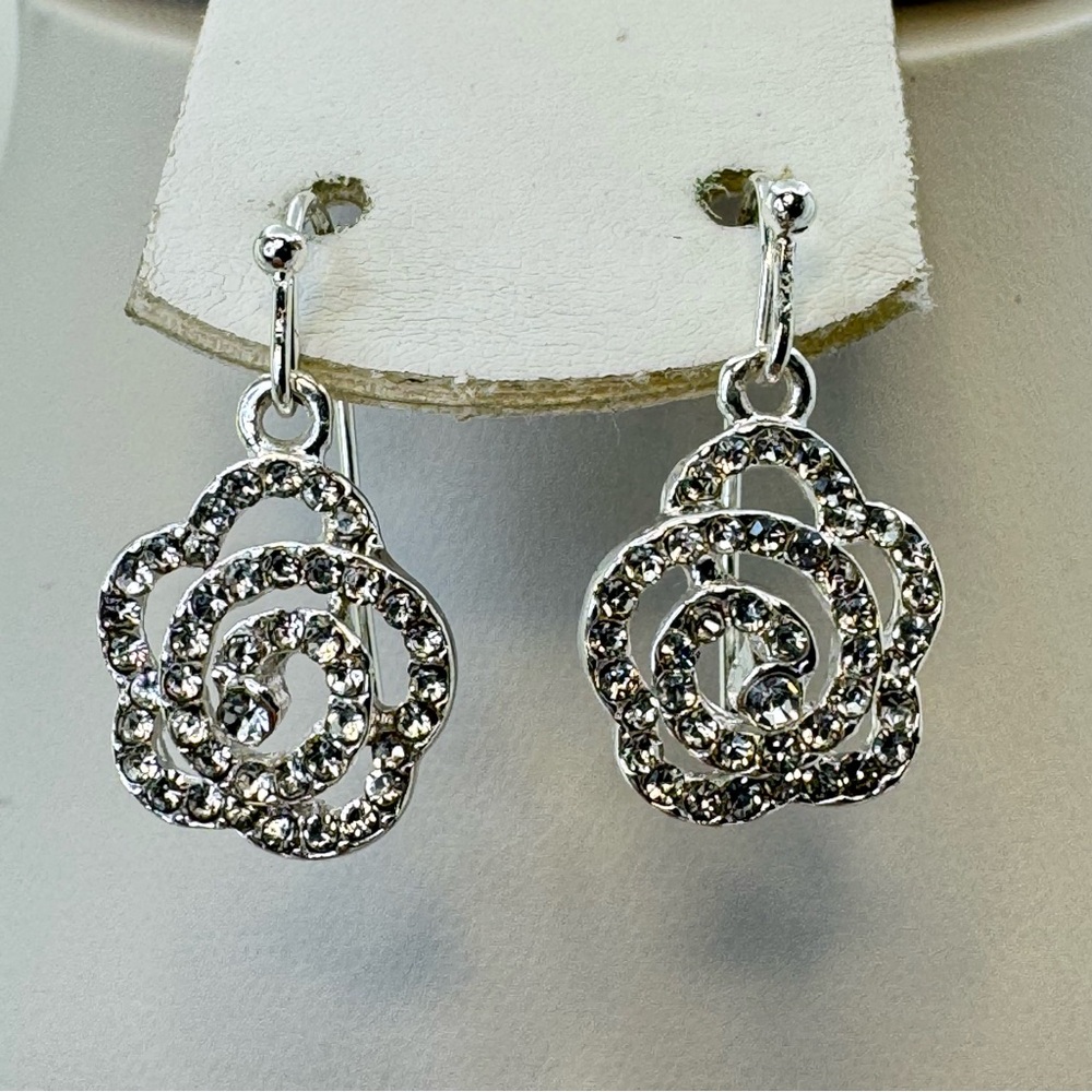 Silver Crystal Floral Dangle Earrings Rose Rhinestone Cute Spring Formal Sparkle